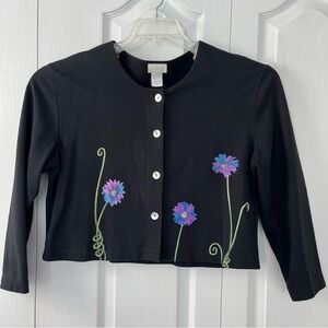 Vintage Cite Hand-Painted Black Floral Cropped Lightweight Cotton Jacket Size M